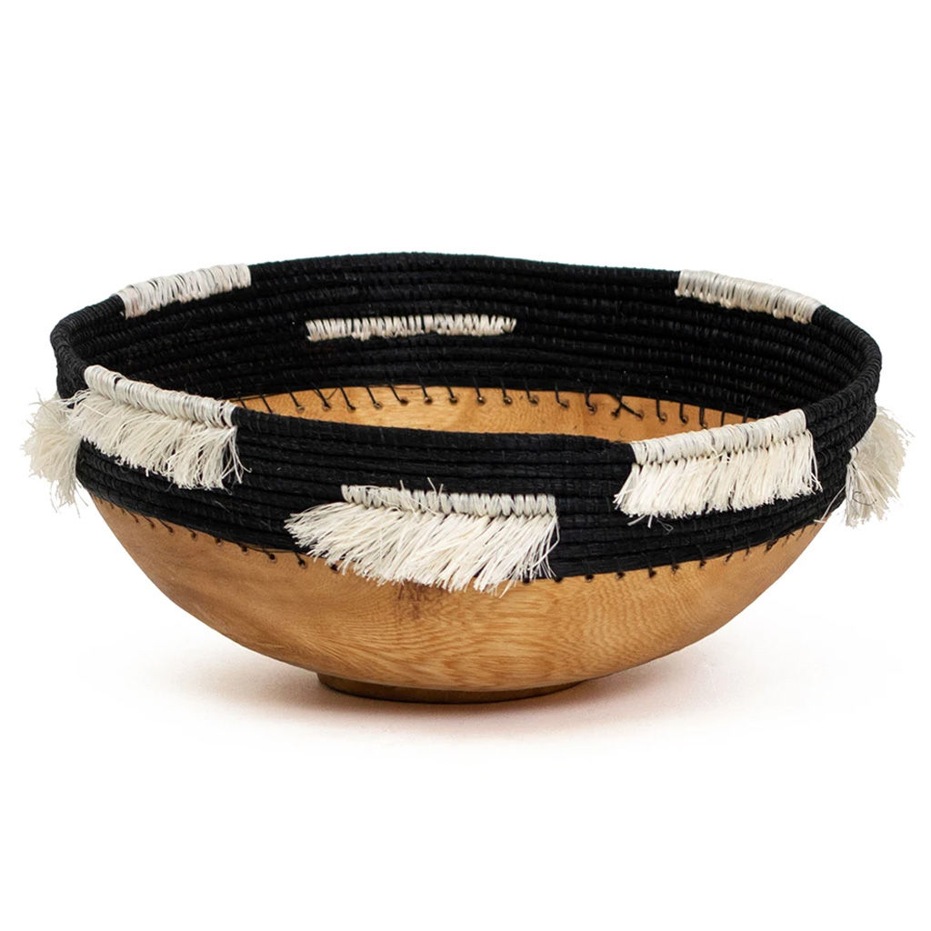 Fringed Black Wooden Bowl — view 1